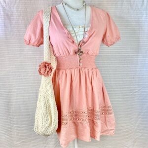 ♡ ruffle floral button up lace trim dress with puffy sleeves ♡